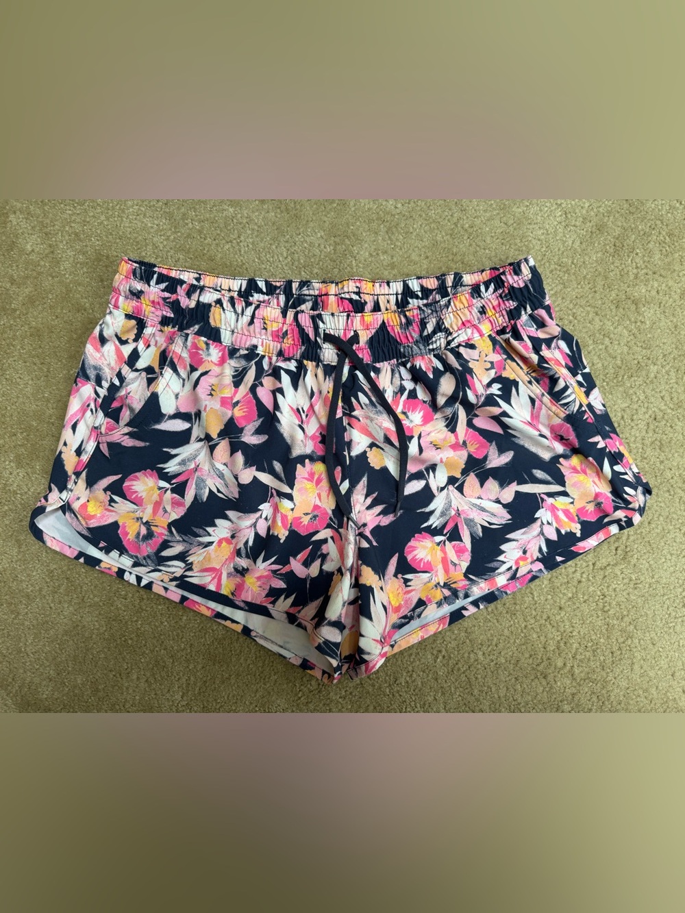 Columbia Navy Floral Drawstring Active Shorts with Pink & Cream Blooms